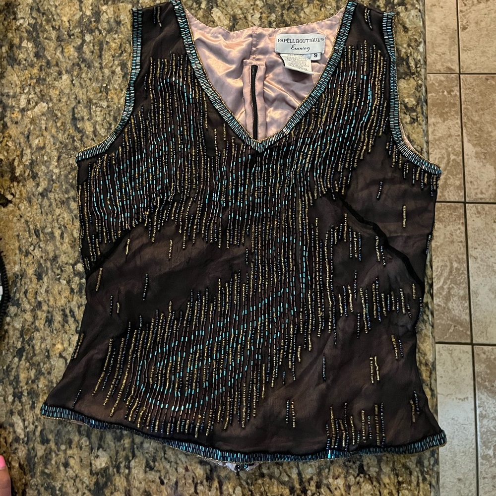 Papell boutique silk back zipper beaded blouse